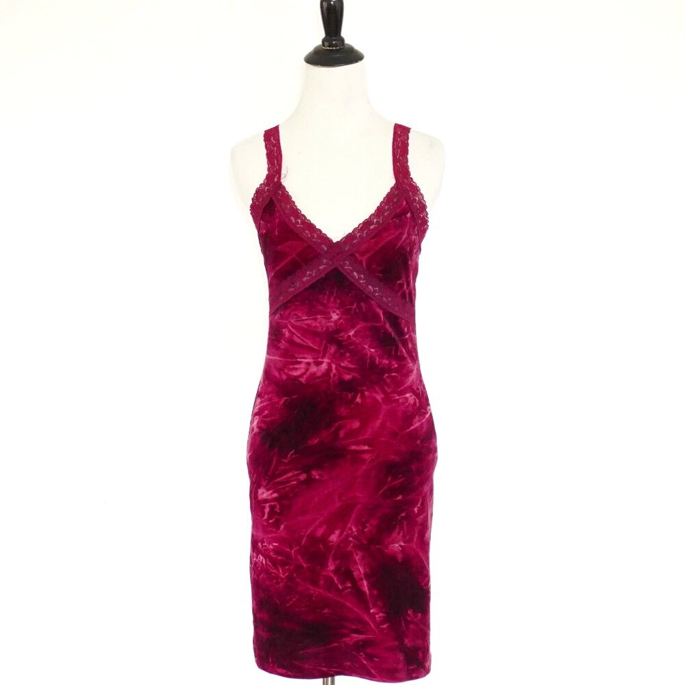 Vintage Y2K Sleeveless Lace and Velvet Burgundy Dress S